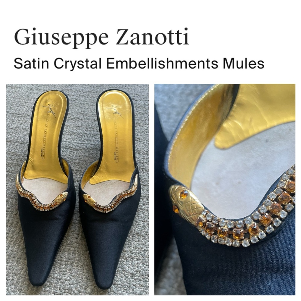 GIUSEPPE ZANOTTI Women’s Black Satin Crystal Embellished Mules